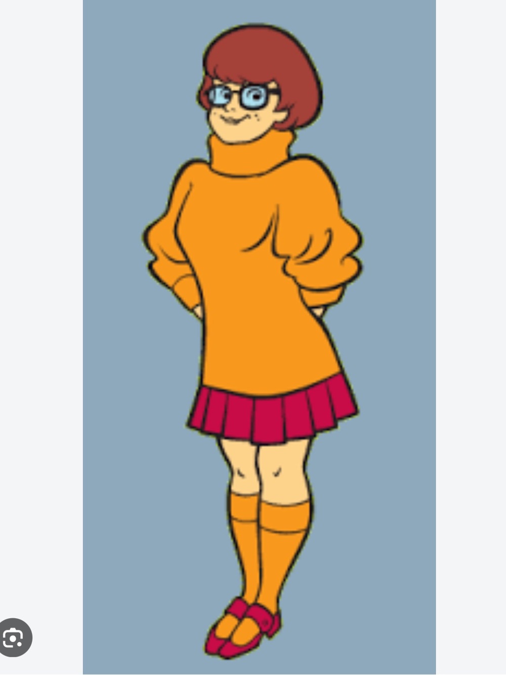 Scooby-Doo Velma costume. Wig skirt, glasses, socks. Kid. Halloween.